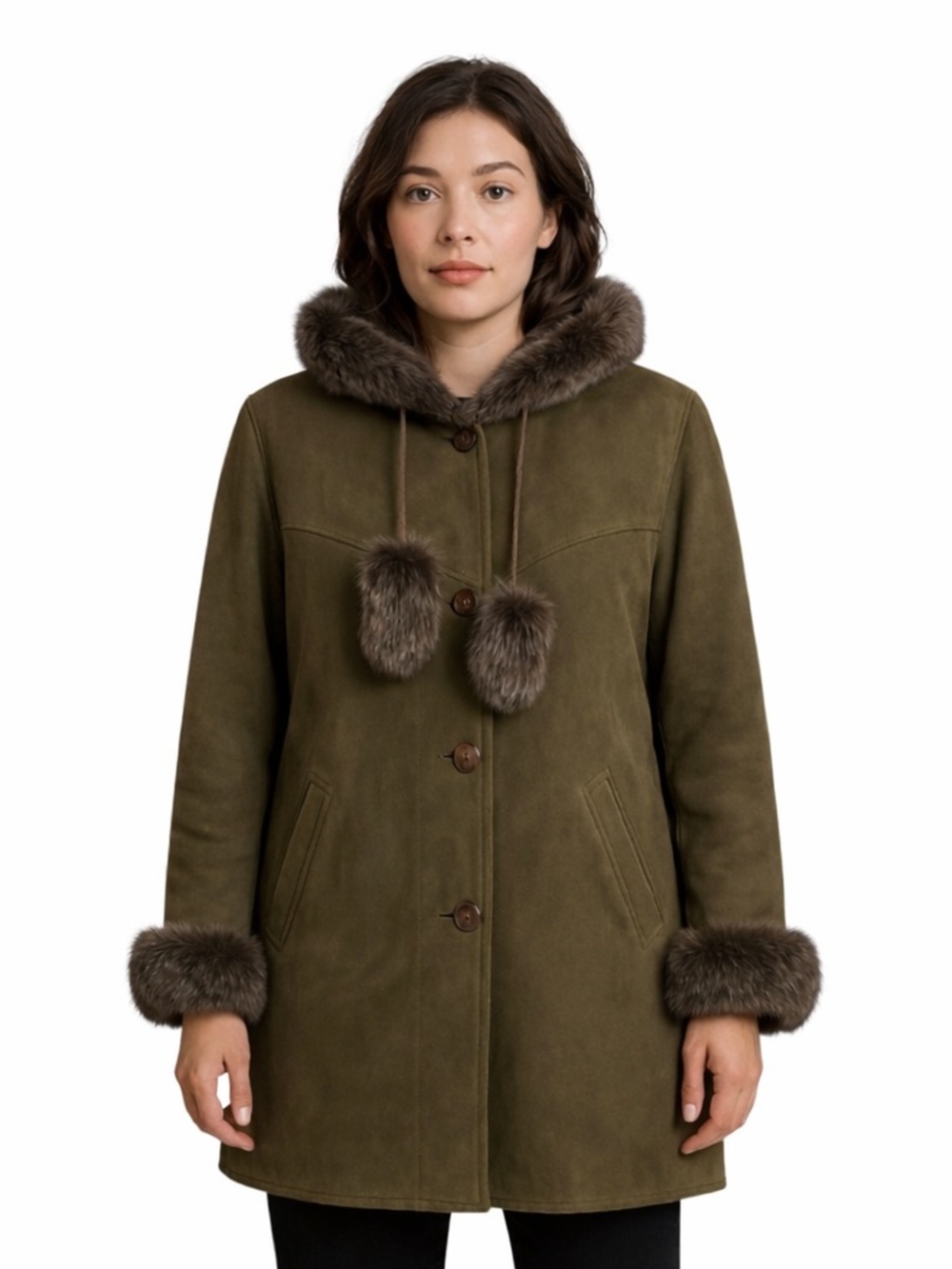 Vintage Pellegrino K Genuine Shearling Suede Hooded Coat Olive Green Size Large